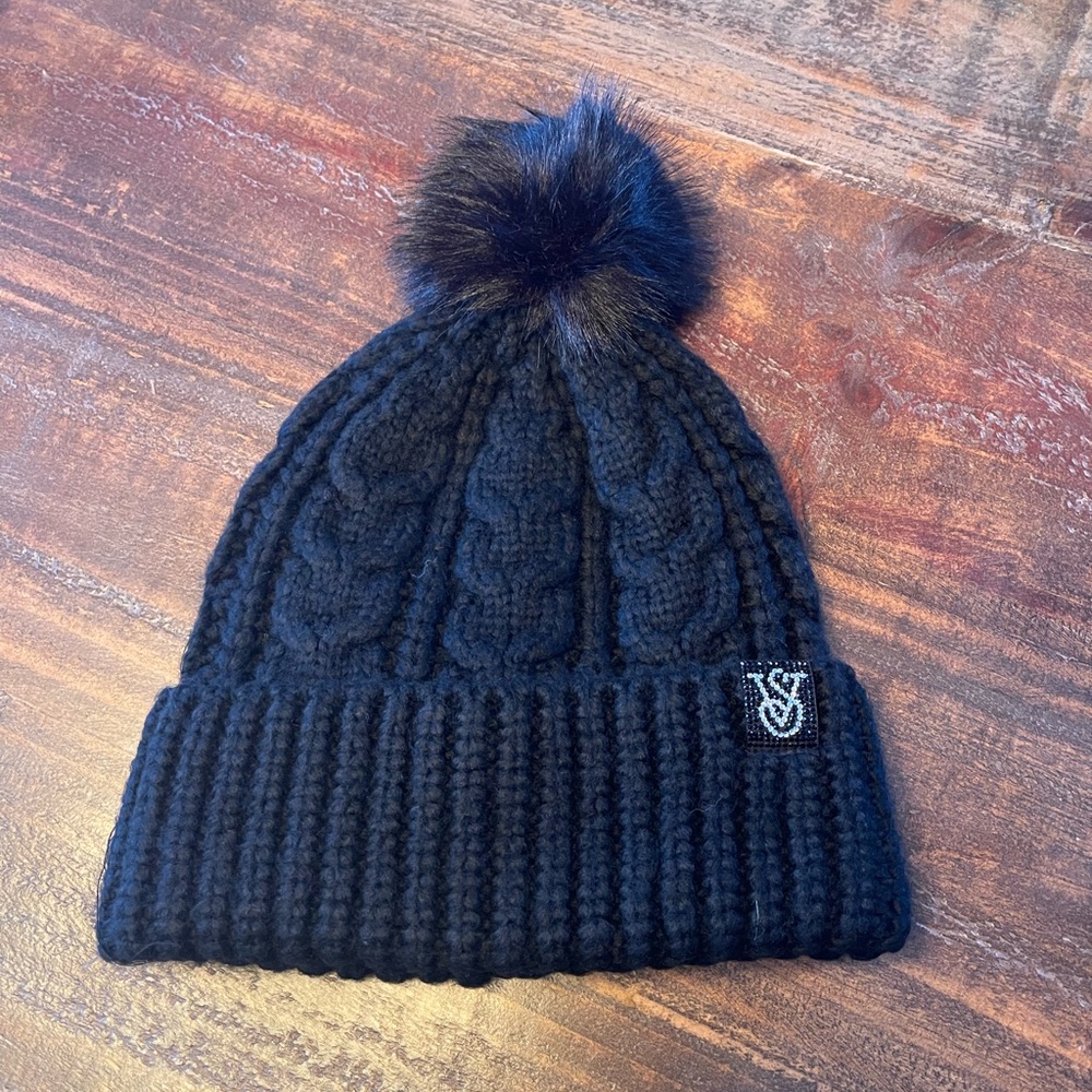 Victoria's Secret Black Knit Pom-Pom Hat